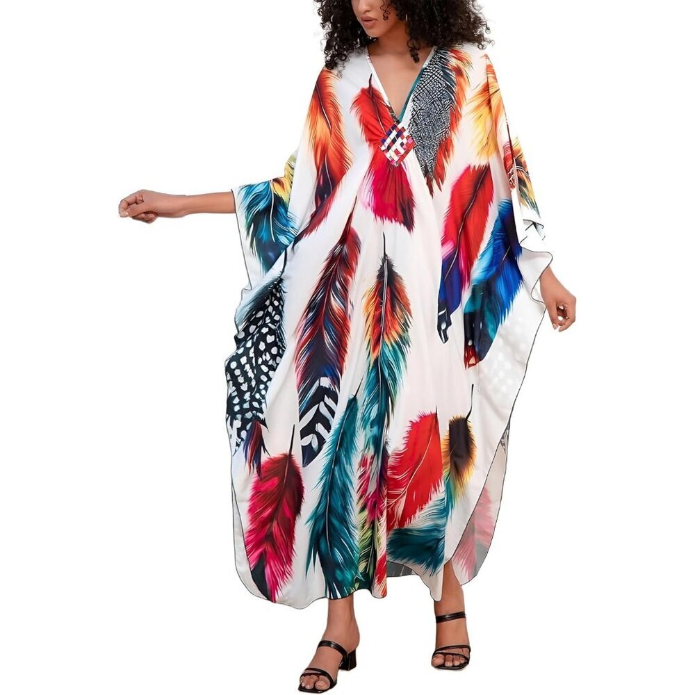 Women White & Red Sleeve Kaftan Flowy Lightweight loungewear Beach Caftan Maxi